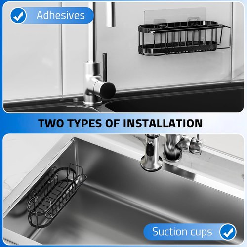 Cisily Kitchen Sink Caddy - Stainless Steel Sponge Holder & Organizer | 2 Installation Options (Suction & Adhesive)
