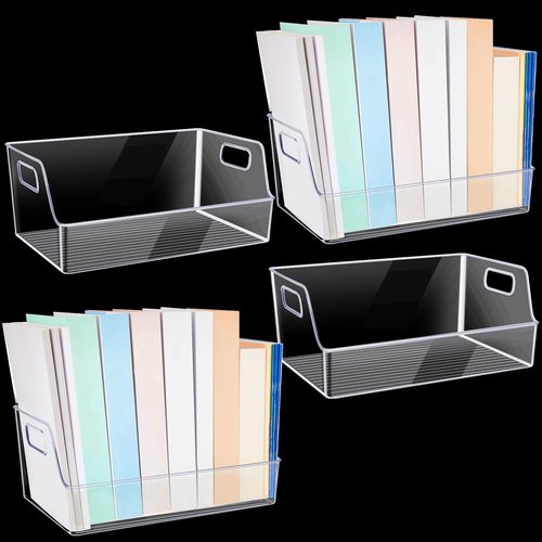 Menkxi 4 Pcs Clear Large Storage Book Display Case 13 x 8.5 x 5.9 Inch Book Organizer Stackable Bookcase Display Storage Containers with Handle Office Bookshelf Organizer Rack for CDs Magazine