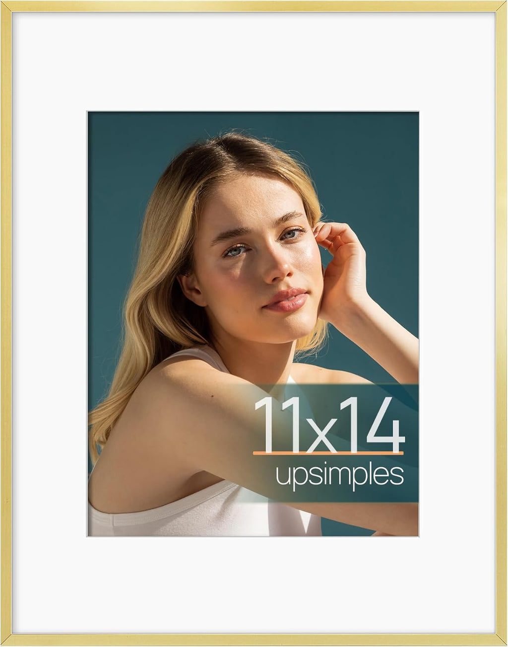 Upsimples Aluminum Picture Frame - Gold 11x14 for 8x10 Photos with Mat or 11x14 Without Mat | Wall Hanging Metal Frame with Acrylic Cover
