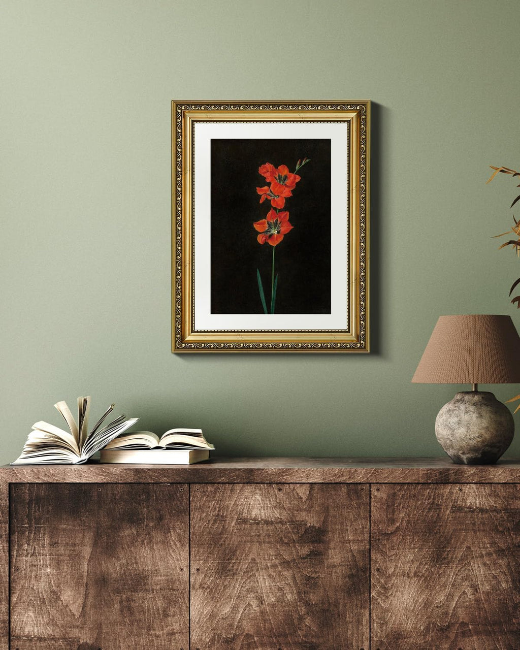 VIYYIEA Gold Framed Wall Art - Red Flower Canvas Print on Black Background | 11x14in Aesthetic Decor