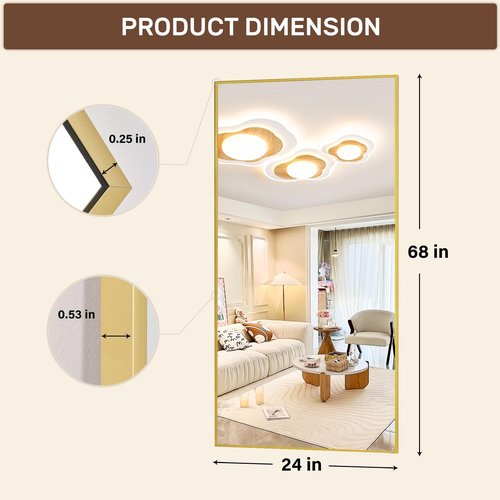 Easly Full-Length Mirror, 24"x68" Floor Mirror with Stand, Wall-Mounted Mirror for Bathroom, Dressing Room - Hanging or Leaning - Full Body Mirrors for Bedroom, Gold