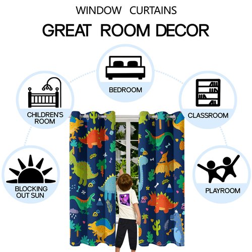 Kossmjx Cartoon Dinosaur Curtain Panels Curtains Blue Curtains for Boys Bedroom Grommet Top Window Treatment 2 Panels Drapes Kids Room Decor Navy Blue Curtain 84 Inch Length, 82" x 84"