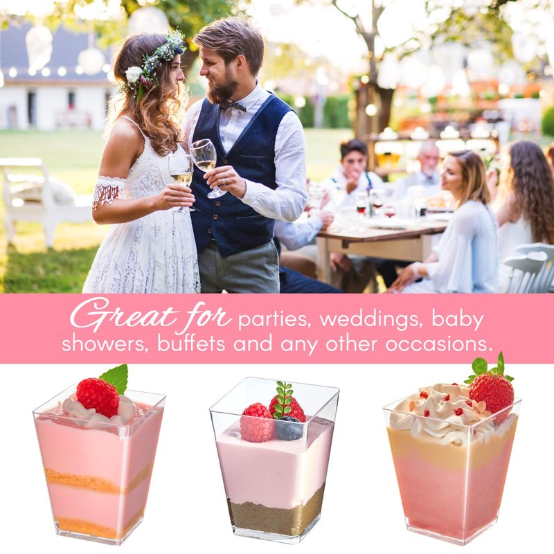 Zezzxu 100 x 5 oz Mini Dessert Cups with Spoons, Shooter - Clear Plastic Small Parfait Cups Reusable Shot Glasses for Tasting Party Desserts & Appetizers, Shrimp Cocktail Cups