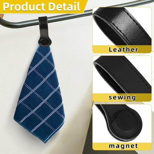 UYEDUJZ 3 Pcs Magnetic Leather Kitchen Towel Clips, Kitchen Towel Holder Bath Hand Towels Hooks for Rods and Racks, Oven Handle Dish Towels Hanger Multi-Purpose Magnetic Hanging Clips (Black)
