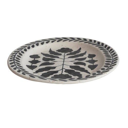 Hand Painted Stoneware Platter with Floral Design, Black and White