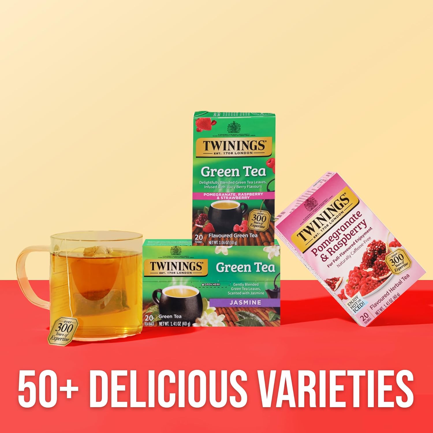 Twinings Green Tea - Pomegranate, Raspberry & Strawberry Flavor - 20 Individually Wrapped Teabags