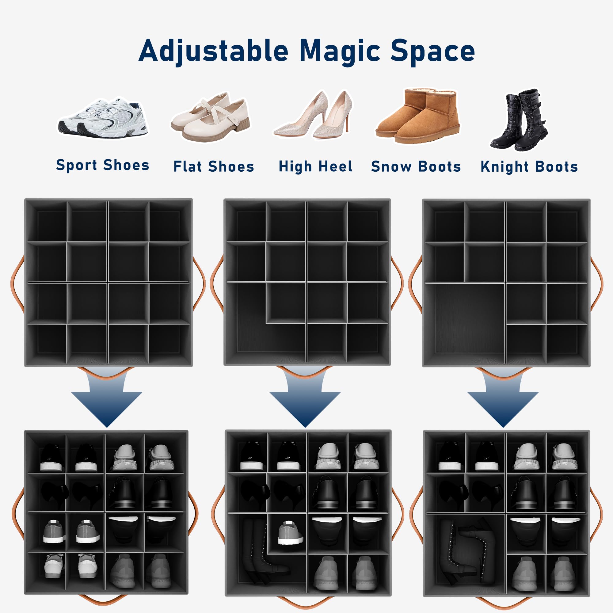 Atsuhut Shoe Organizer for Closet, Fabric Shoe Storage Bins with Clear Cover, Adjustable Dividers for Shoe Storage, Shoe Cube Organizer Fits up to 16 Pairs, Black 2-Pack