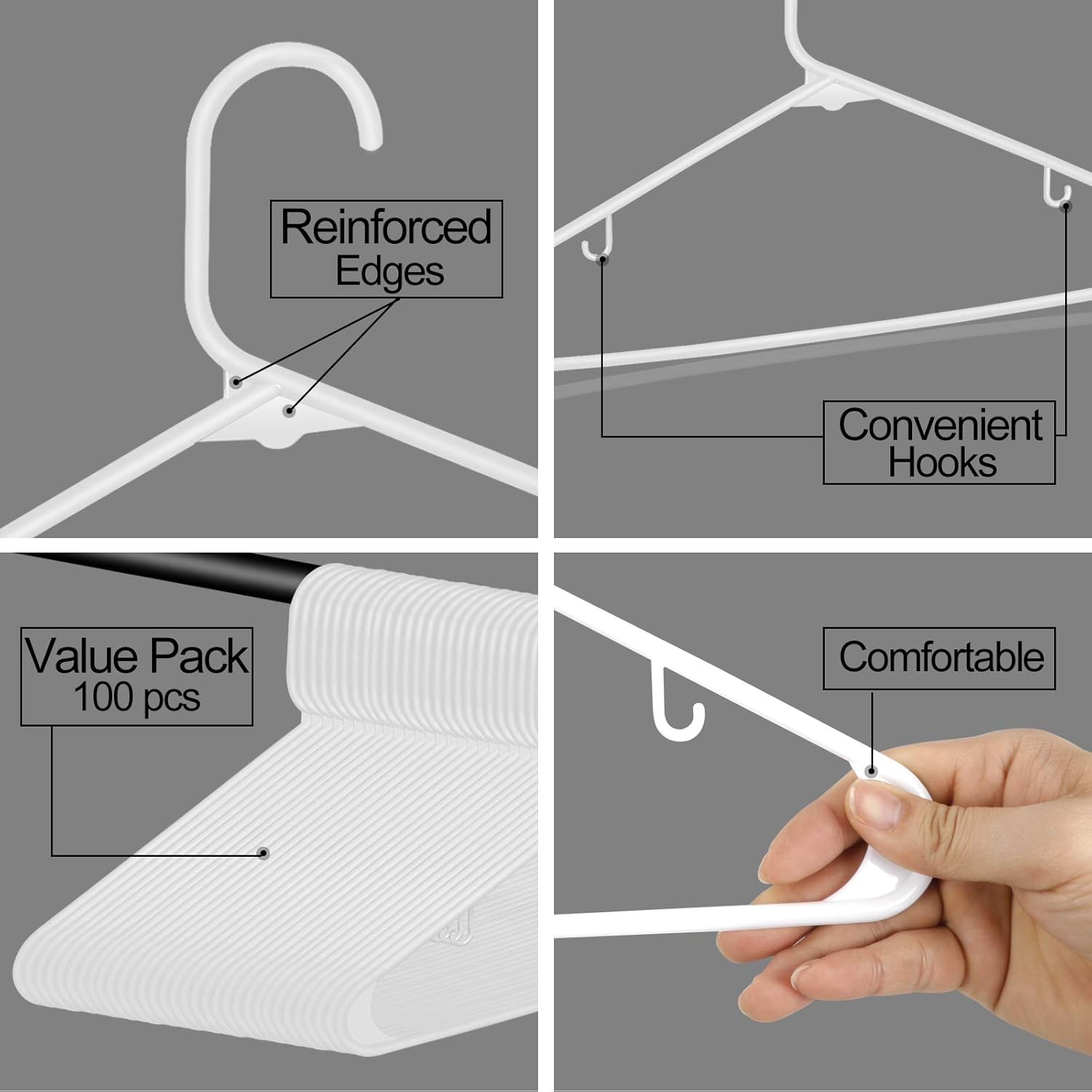 ZENY 100-Pack White Plastic Hangers - Durable Space-Saving Clothing Hangers for Organizing Clothes