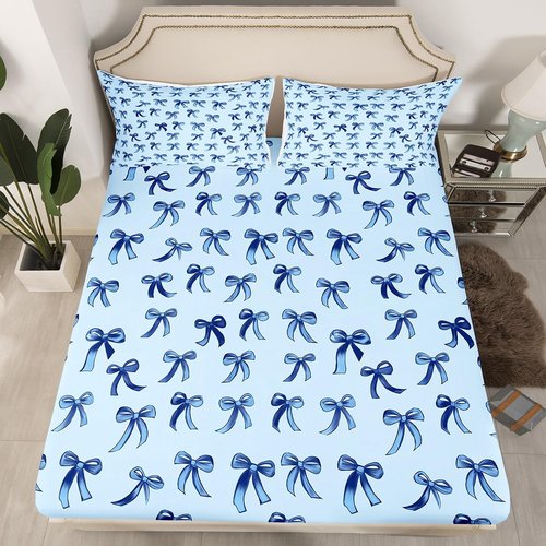 Erosebridal Bowknot Twin Size Sheet Sets 3pcs, Kawaii Simple Bows Microfiber Bed Sheets Set, Cute Cartoon Dreamy Printed Kids Teens Bed Set for Bedroom, Baby Blue Ribbon Bedroom Decor Bedding Set