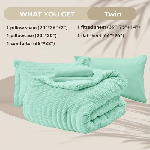 HYMOKEGE Twin Comforter Set - Mint Green Seersucker 5-Piece All-Season Luxury Bedding Set