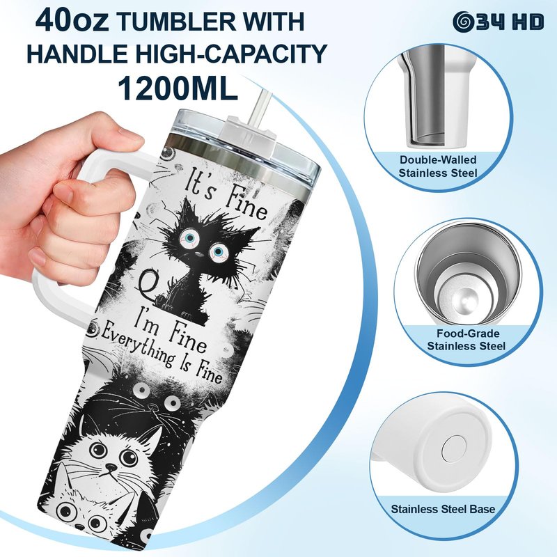 34HD Funny Black Cat 40oz Tumbler with Handle and Straw, Everything Is Fine Stainless Steel Vacuum Insulated Cup, Birthday & Mother's Day Gifts for Pet Lovers, Him Her and Mom