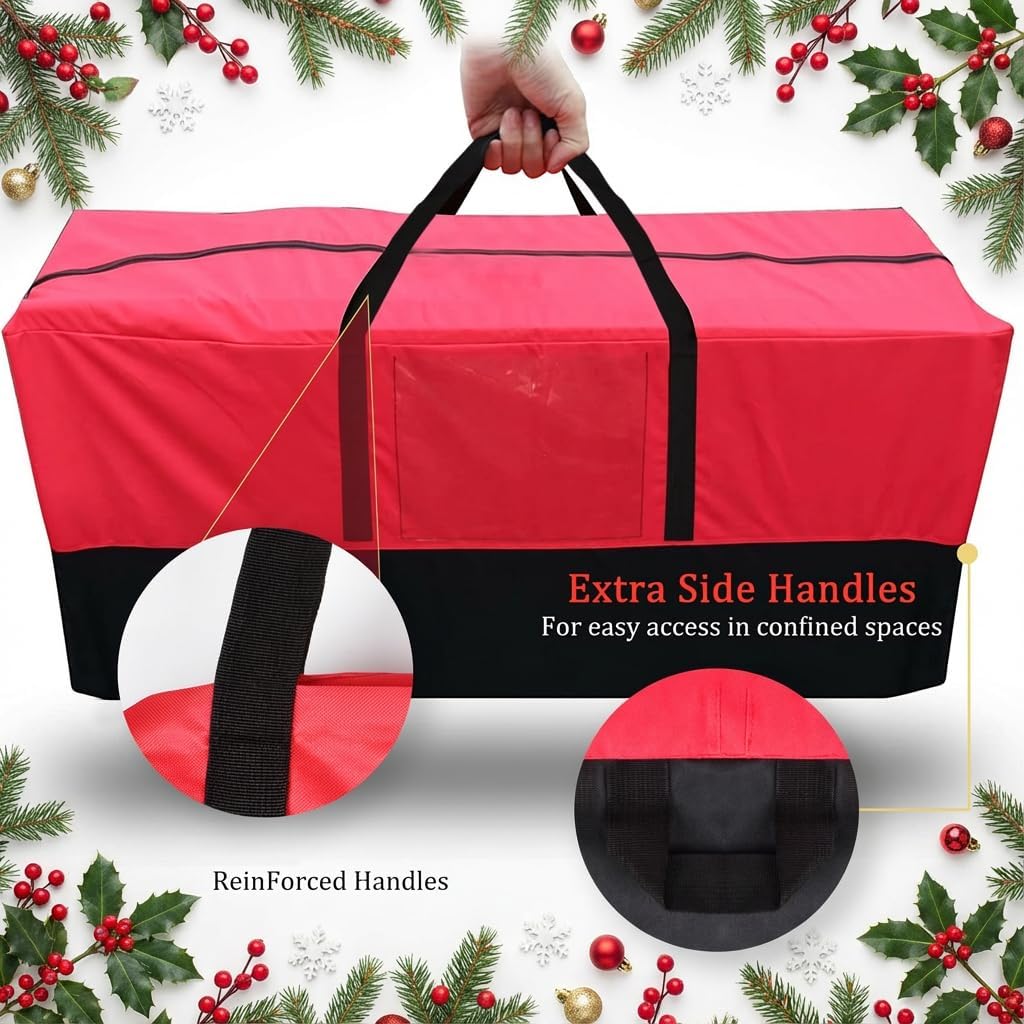 PLTCAT Christmas Tree Storage Bag - Heavy-Duty 10-12 Ft Artificial Tree Container with Zipper & Transparent Pocket - Red