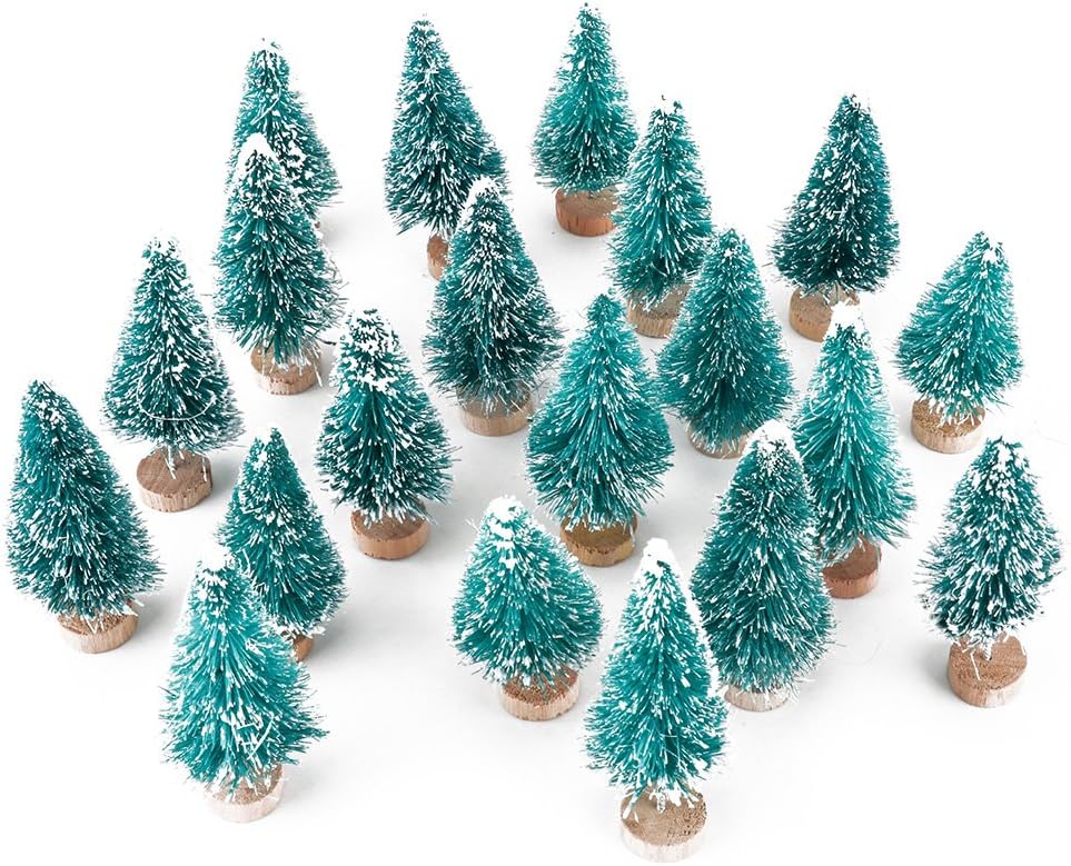 Skiennix Artificial Mini Sisal Christmas Trees - Snow Frosted with Wooden Bases | 20 Pcs in Blue-Green