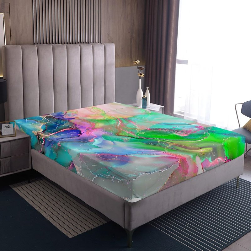 Erosebridal Teal Pink Green Bed Sheets Set Modern Marble King Sheet Set, Gold Metallic Sheets Chic Foil Print Bed Set, Abstract Mountain Fluid Flat Sheet Kids Home Decor