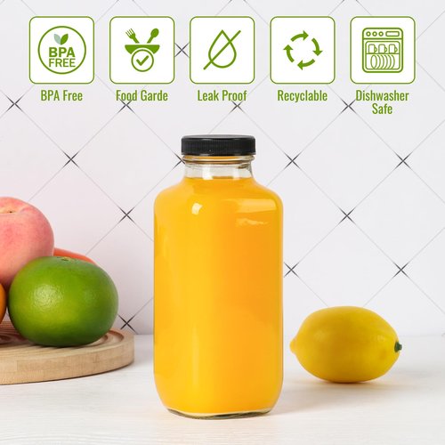 Miukada Glass Juice Bottles with Lids 12 oz, Reusable Glass Bottles 6 pcs, Square Juice Jars, Drink Containers with Caps for Smoothies, Kombucha, Beverages
