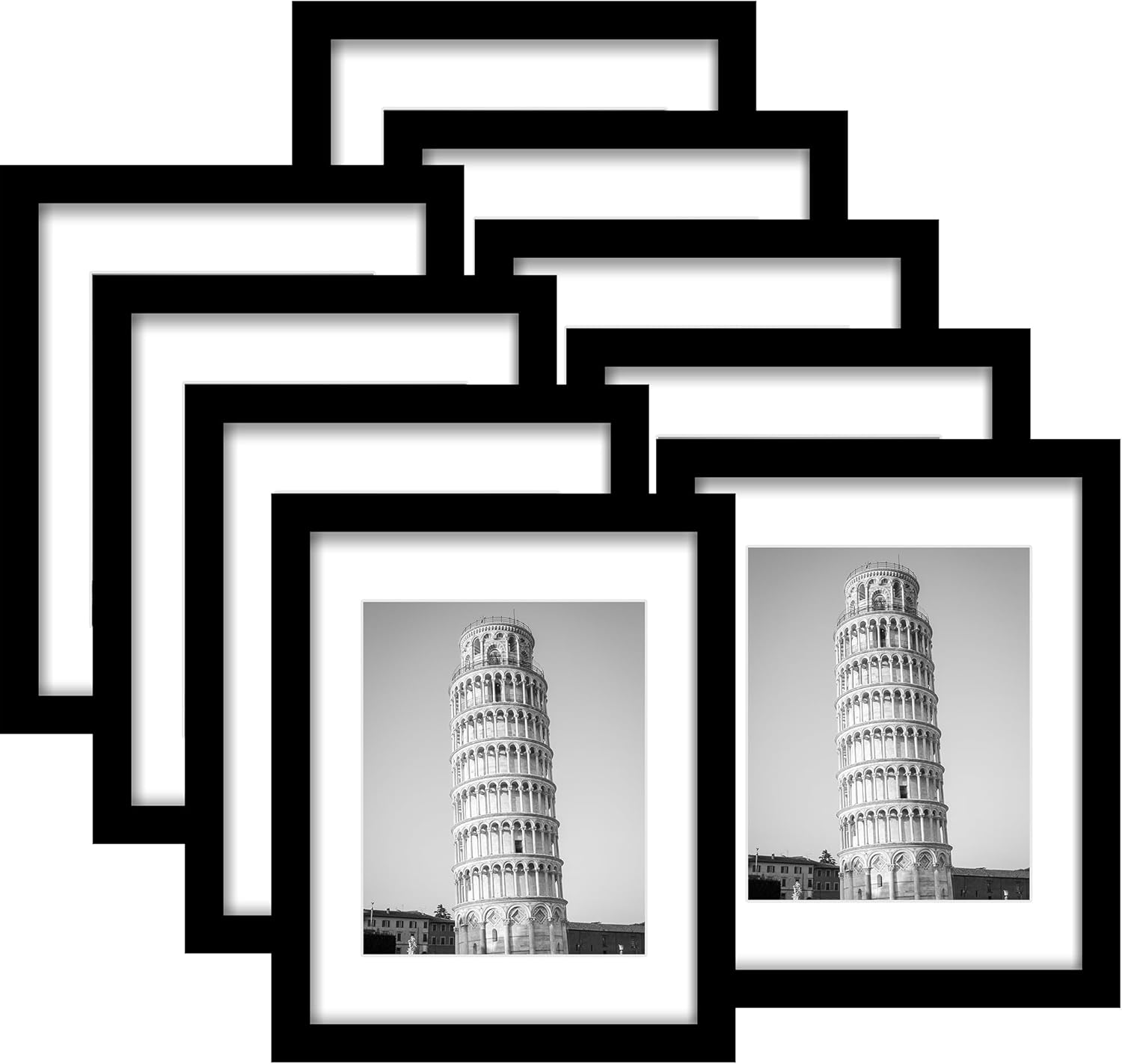 Wiscet 11x14 Picture Frame Set of 9 - Display 8x10 Photos with Mat or 11x14 Without Mat | Black Wall Mount & Tabletop
