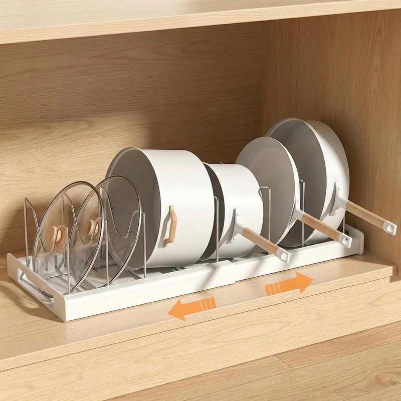 Beruyu Expandable Pot and Pan Organizer Rack for Cabinet, Pot Lid Organizer Holder with 7 Stainless Steel Adjustable Dividers for Kitchen Cabinet Organizer and Storage (White)