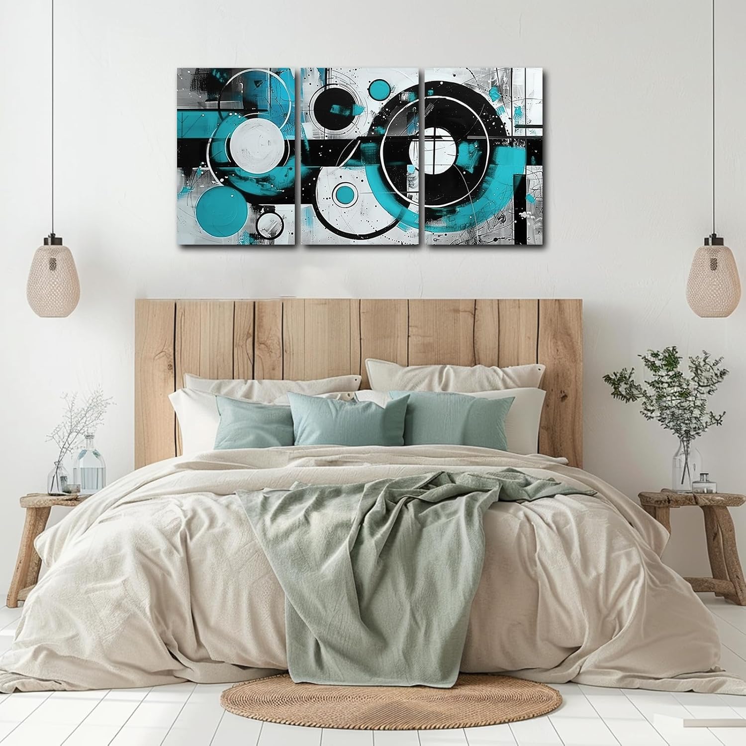 SWQYLB Teal Abstract Wall Art - Blue & Gray Canvas Print Set of 3 | Geometric Circle Design for Home Office Decor (Framed, 12" x 16")