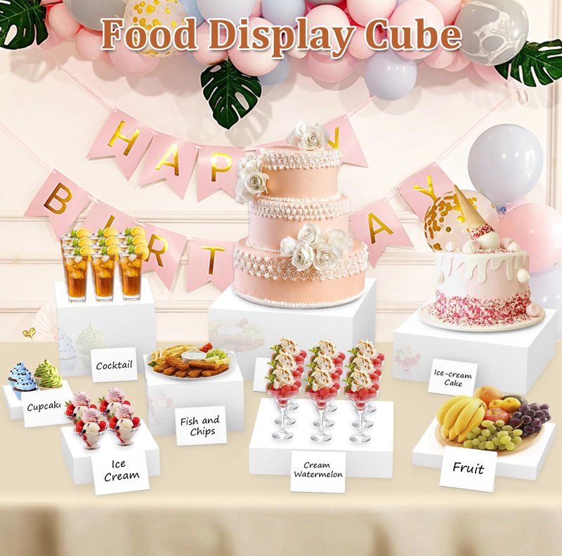 SUNEZLGO 8PCS Buffet Risers, Acrylic Large Food Risers with Mini Signs, Buffet Table Acrylic Cube Display Stands Box Risers for Party Catering Dessert Jewelry Nesting Risers with Hollow Bottom White