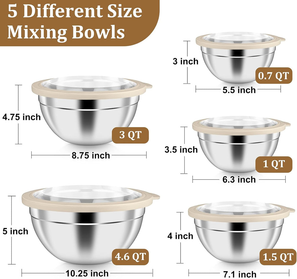 P&P CHEF Stainless Steel Mixing Bowls Set - 10-Piece with Airtight Lids for Kitchen Prep | Sizes 4.6QT to 0.7QT, Khaki