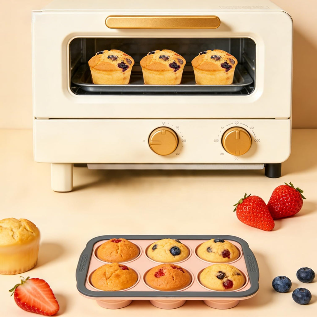 Skiennix Silicone Muffin Pan - 6-Cup Nonstick Baking Mold with Metal Frame | Easy Release & Dishwasher Safe (Pink)