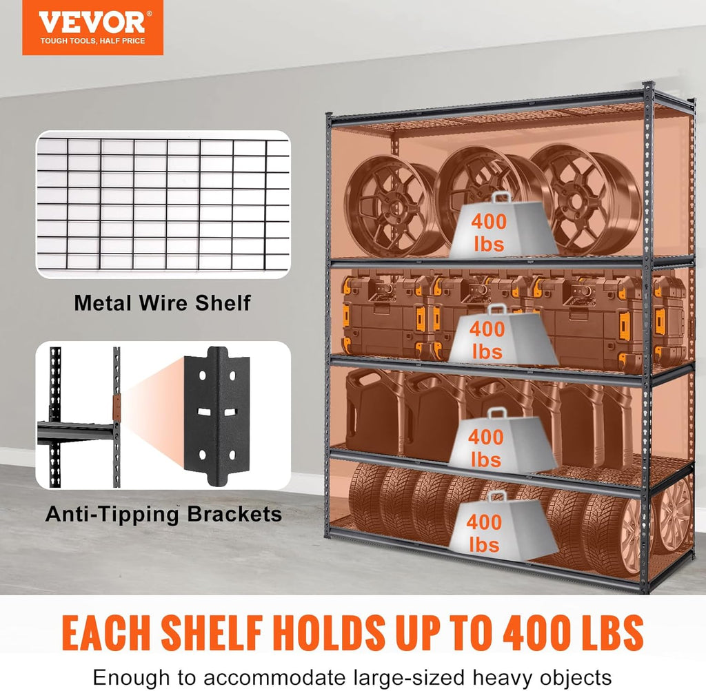 VEVOR 5-Tier Adjustable Storage Shelving Unit - Heavy Duty Metal Organizer Rack | 2000 lbs Capacity, Black, 60" L x 24" W x 78" H