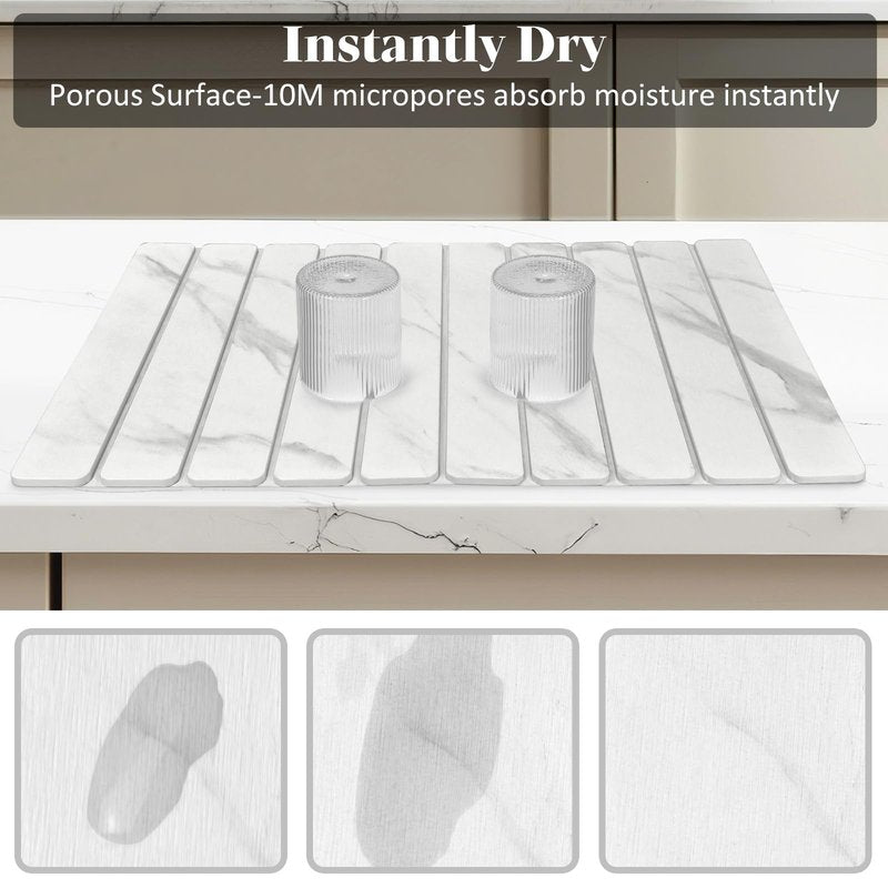 Dish Drying Mat for Kitchen Counter, 24"x16" Super Absorbent Hide Stain Dish Drying Pad with Non-slip Rubber Backed, Quick Drying Mat for Coffee Machine Dish Rack（Whtie Marble）