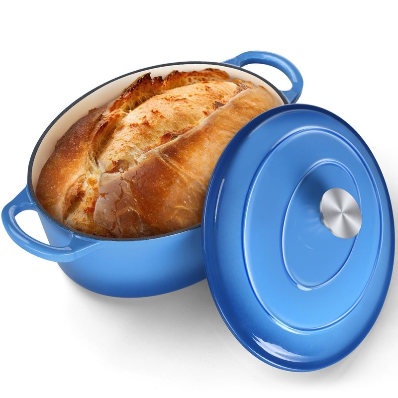 P&P CHEF Oval Dutch Oven with Lid, Enameled Cast Dutch Oven Pot for Bread Baking, Braising, Stewing, Roasting, Non-Stick & Oven Safe, Dual Handles & Easy Clean, 7QT & Blue, Valentine's Day