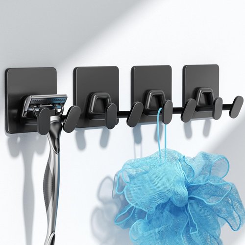 Adhesive Shower Hooks - Extra Sticky Stainless Steel Double Hooks for Razor, Loofah, Towel | Matt Black, 4-Pack