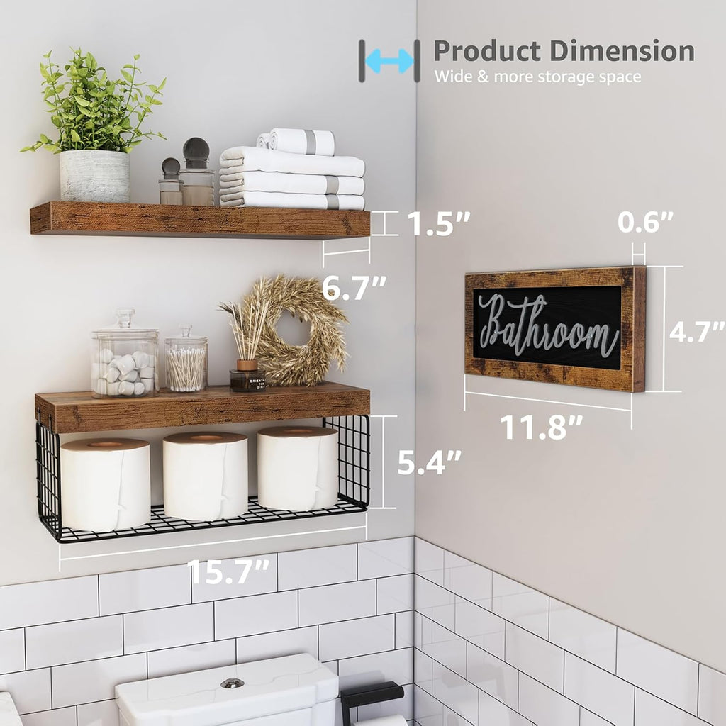 QEEIG Bathroom Shelves Over Toilet - Rustic Brown Wall-Mounted Storage | 16-Inch Floating Shelf Set