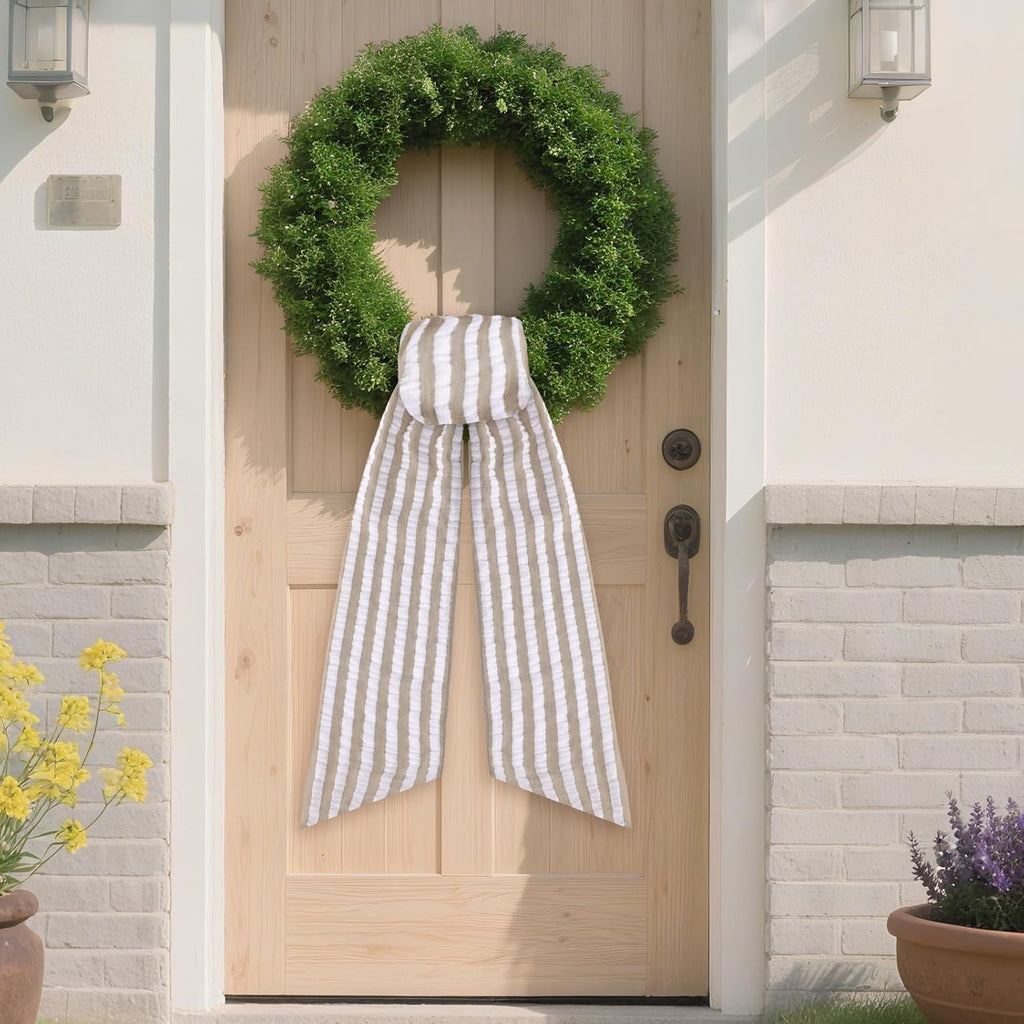 Skiennix Brown Wreath Sash - 2 Pcs Rustic Seersucker for Embroidery Monogram Home Decor | 60 Inch Boho Stripe