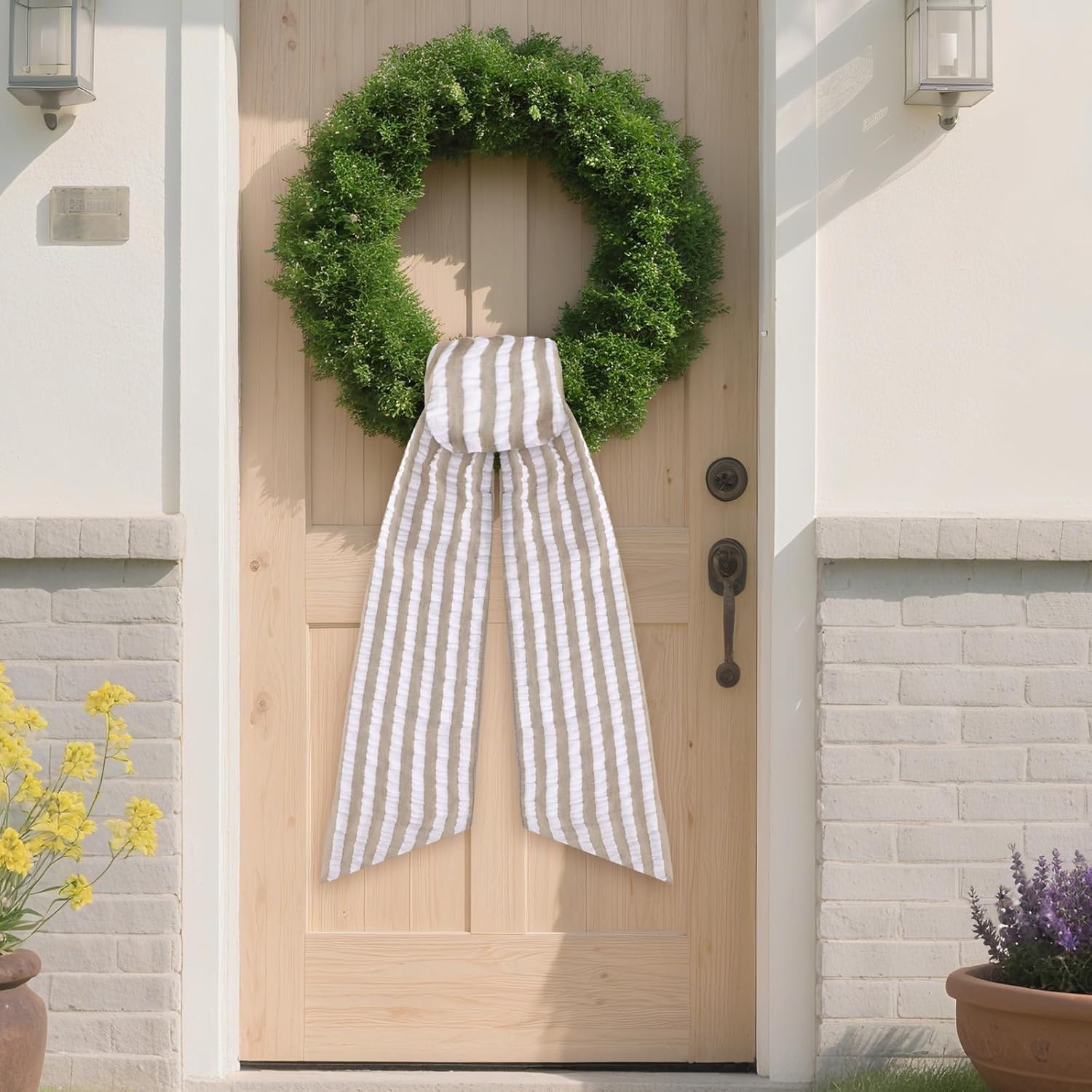 Skiennix Brown Wreath Sash - 2 Pcs Rustic Seersucker for Embroidery Monogram Home Decor | 60 Inch Boho Stripe