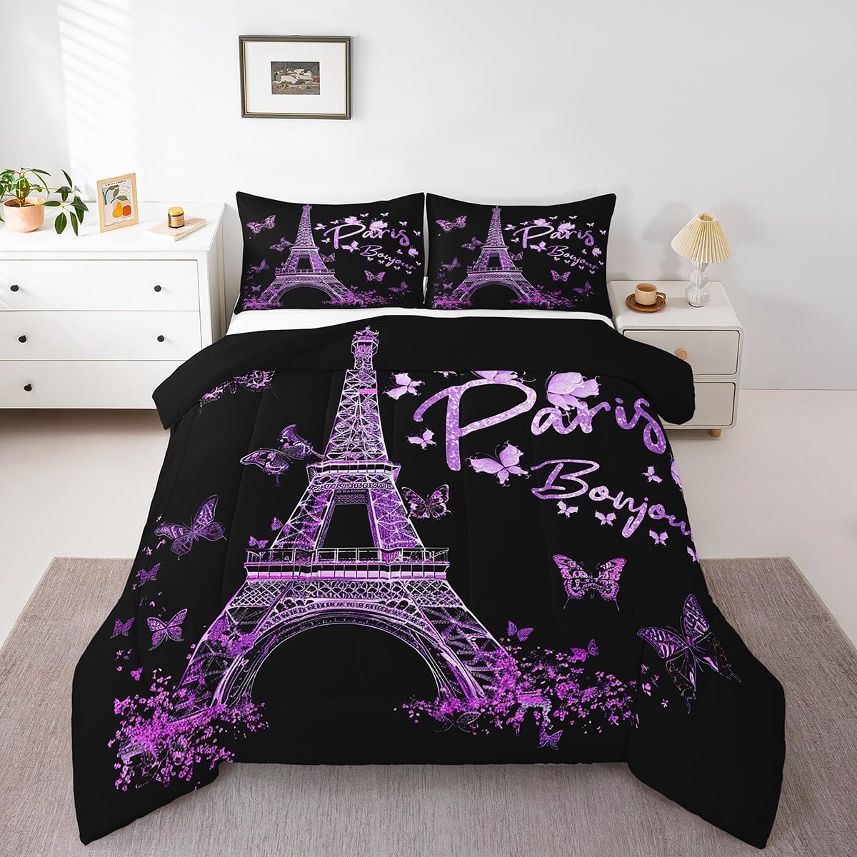Feelyou Paris Eiffel Tower Comforter Set Girly Lavender Purple Bedding Set for Kids Boys Girls Butterfly Comforter Famous City Scene Decor Quilt Room 3Pcs Queen Size Boys