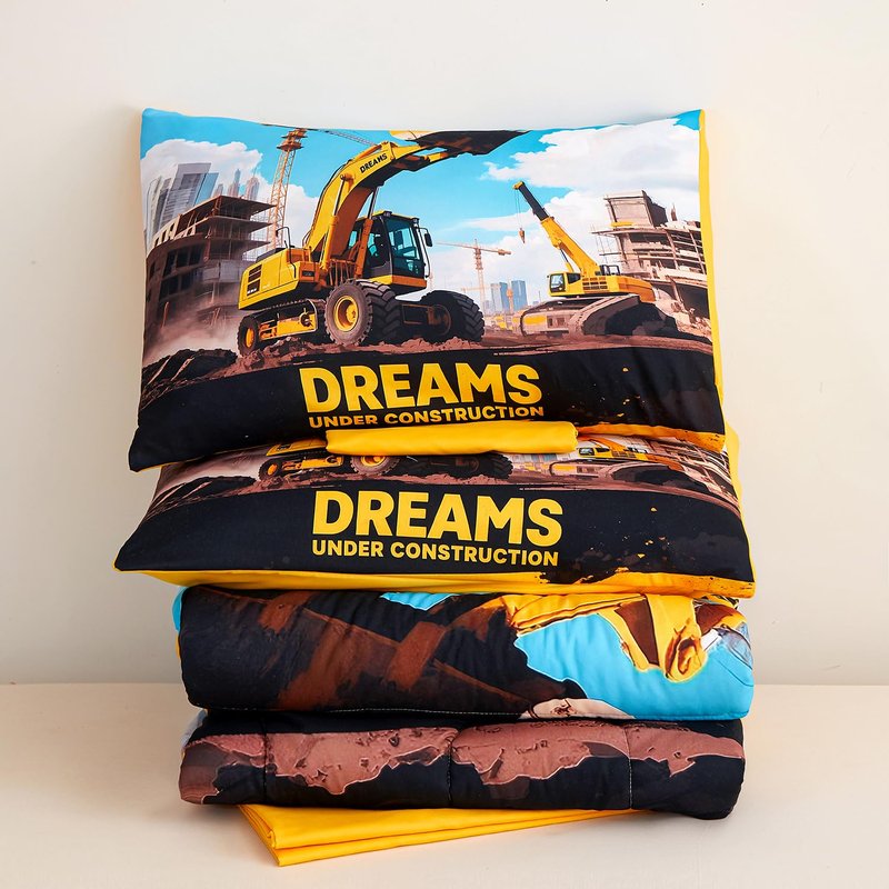 ZUEXVOFY Yellow Digger Twin Bedding Set for Boys – 5 Piece Comforter Bed Sheets Set, Kids’ Bedroom Decor, Teen Boy Room, Car and Excavator Theme, Kids’ Gift, Children’s Twin Bed in a Bag