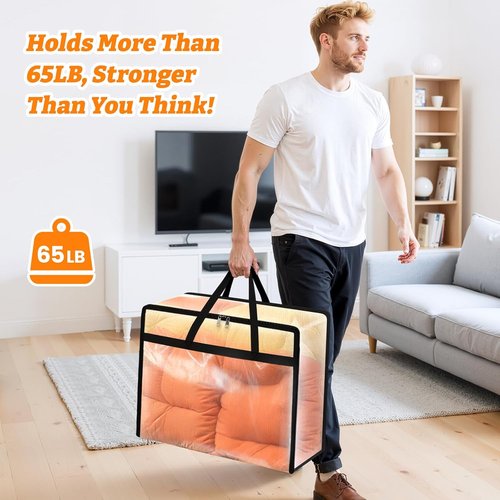 BlissTotes Clear Clothes Storage Bags - 4 Pack Foldable Under Bed Containers with Zipper & Handle (40L)