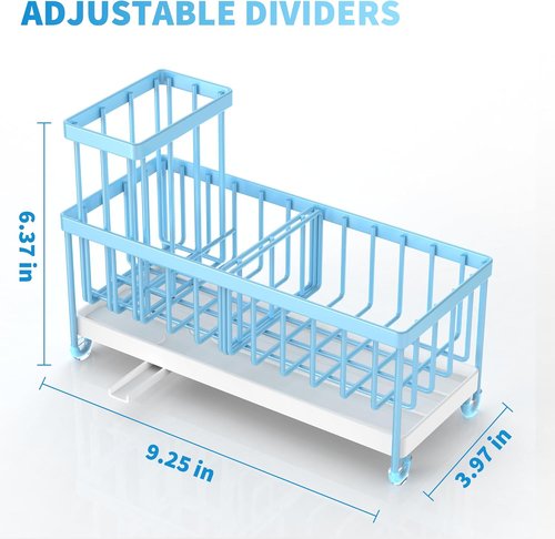 Cisily Kitchen Sink Caddy Organizer - Rustproof 304 Stainless Steel with High Brush Holder | Blue, 9.25”