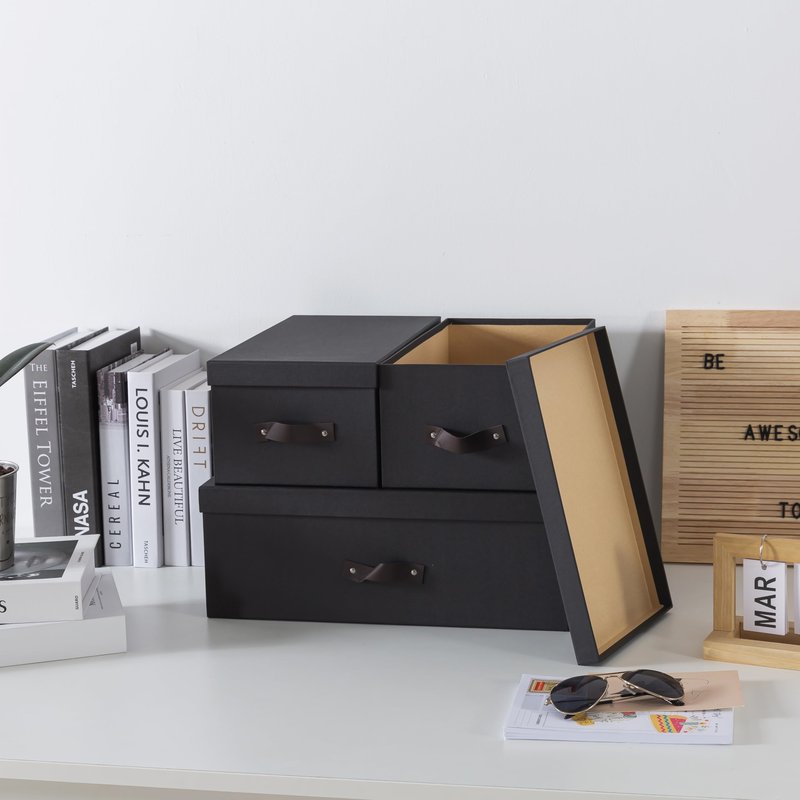 Soul & Lane Decorative Storage Boxes with Lids - Set of 3 (One Large and Two Medium), Sturdy Cardboard Organizers for Photos, Versatile Boxes with Handles for Office & Home, Dark Gray