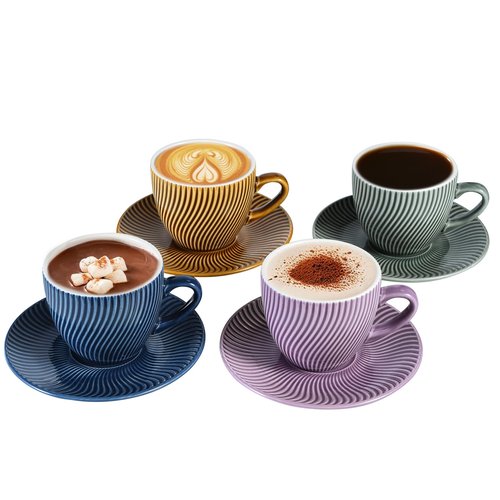 Yundu 8 oz Ceramics Cup & Saucer Sets of 4, Cappuccino Cup, Espresso Cups, Tea Cups and Saucers, Perfect for Coffee or Matcha and Latte (Set of 4 colors)