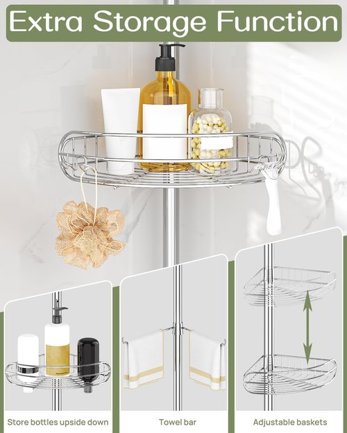 ALLZONE Corner Shower Caddy - Rustproof 4-Tier Adjustable Shelves for Bathroom Storage | Tension Mounted, 56-113 Inch Height, Silver