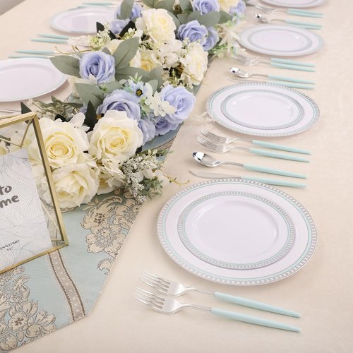 COLOSUS 125pcs Disposable Silver Blue Plastic Plates and Silverware .Light baby blue dinnerware party set include 25 Dinner Plate 25 Dessert Plate 75 silverware for Easter day Party Dinner