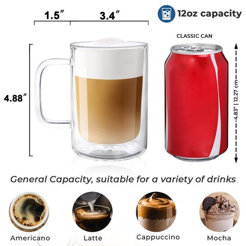 Aquach 12 oz Double Walled Glass Coffee Mugs with Handle, 2-Pack - Ideal for Latte, Cappuccino and Tea