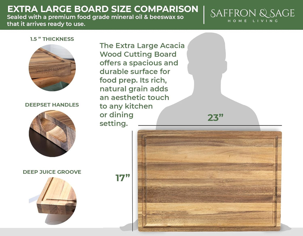 Saffron & Sage Large Wood Cutting Board - Thick Acacia 16 x 12 x 1.5 Inch with Juice Groove & Reversible Design