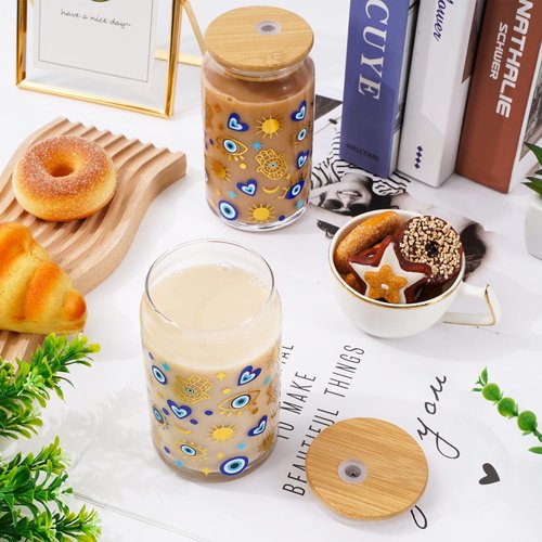 Whaline 2 Pack Evil Eyes Iced Coffee Cup Blue Evil Eye Hamsa Hand Drinking Glasses Astrological Beer Can Glass with Lid Straw Cleaning Brush for Home Office Women Gifts,16oz