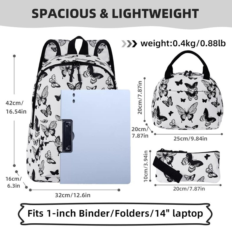 Unineovo Backpack for Teen Girls, Kids Butterfly School Bookbag Set, Lightweight Middle High School Bags with Lunch Box and Pencil Case, College Student Laptop Bag, Women Travel Daypack