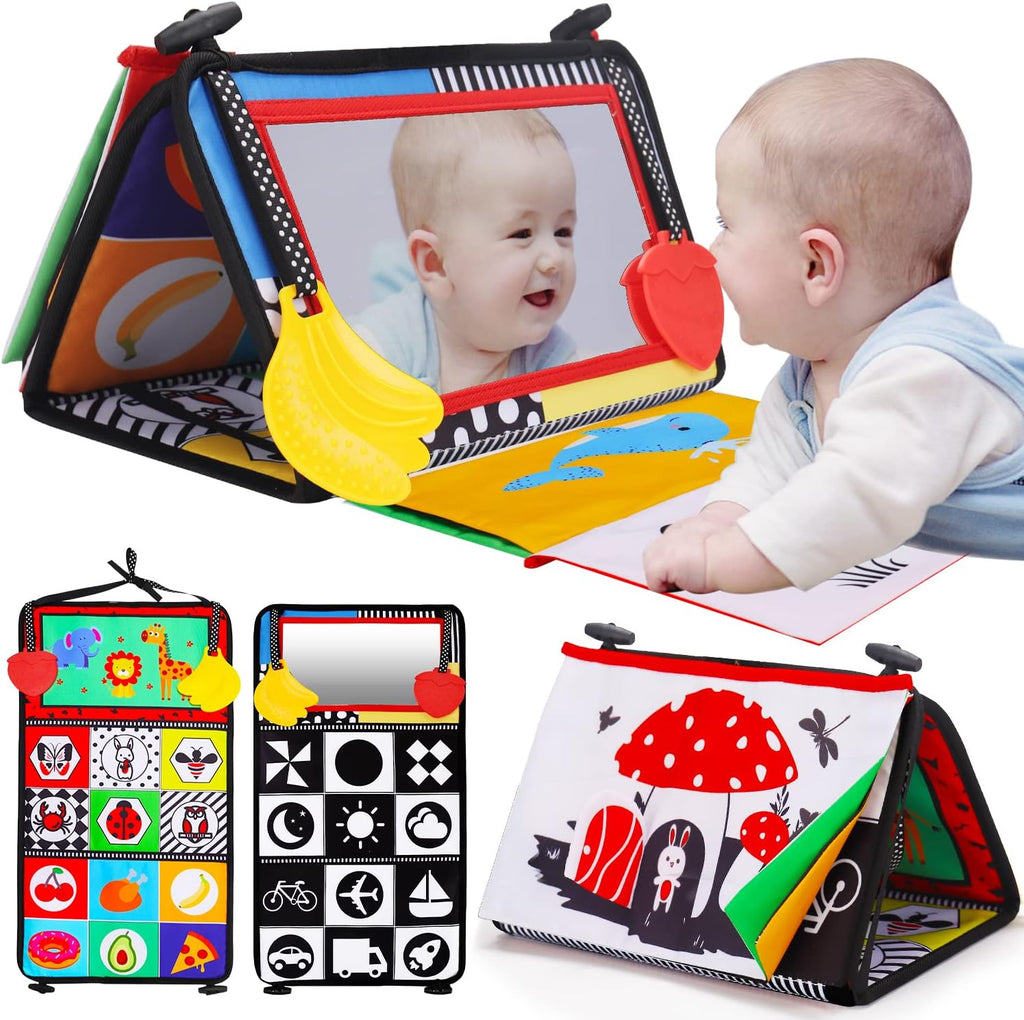 Skiennix Tummy Time Baby Mirror - High Contrast Sensory Toy for Newborns 0-3 Months | Includes Crinkle Cloth Book & Teether