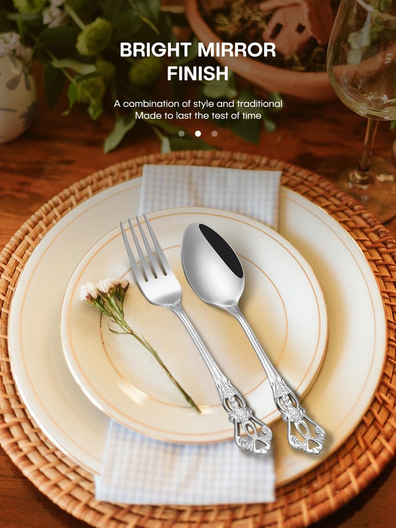 Stapava 48 Pcs Gorgeous Retro Royal Silverware Set with Steak Knives, Stainless Steel Cutlery Flatware Set for 8, Include Forks Spoons and Knives set, Dishwasher Safe Utensils Set, Mirror Polished