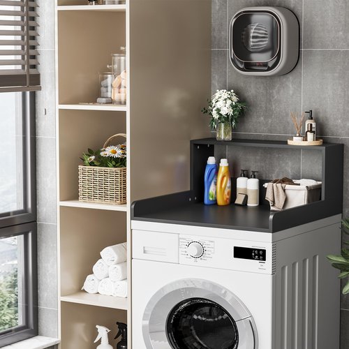 HOTLUU Washer Dryer Countertop with Shelf, 27.5" D x 27.5" W x 12.6" H, Sturdy Wood Frame, Countertop for Washer and Dryer, Non-Slip Pads & Edge Rails, Laundry Room Storage(Black)