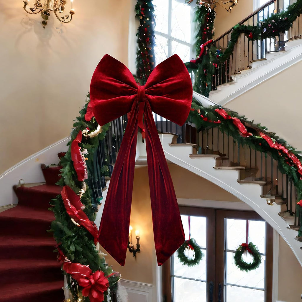 Skiennix 40x18 Inch Large Velvet Red Bow - Stunning 3D Tree Topper & Party Backdrop Decor (Wine Red)