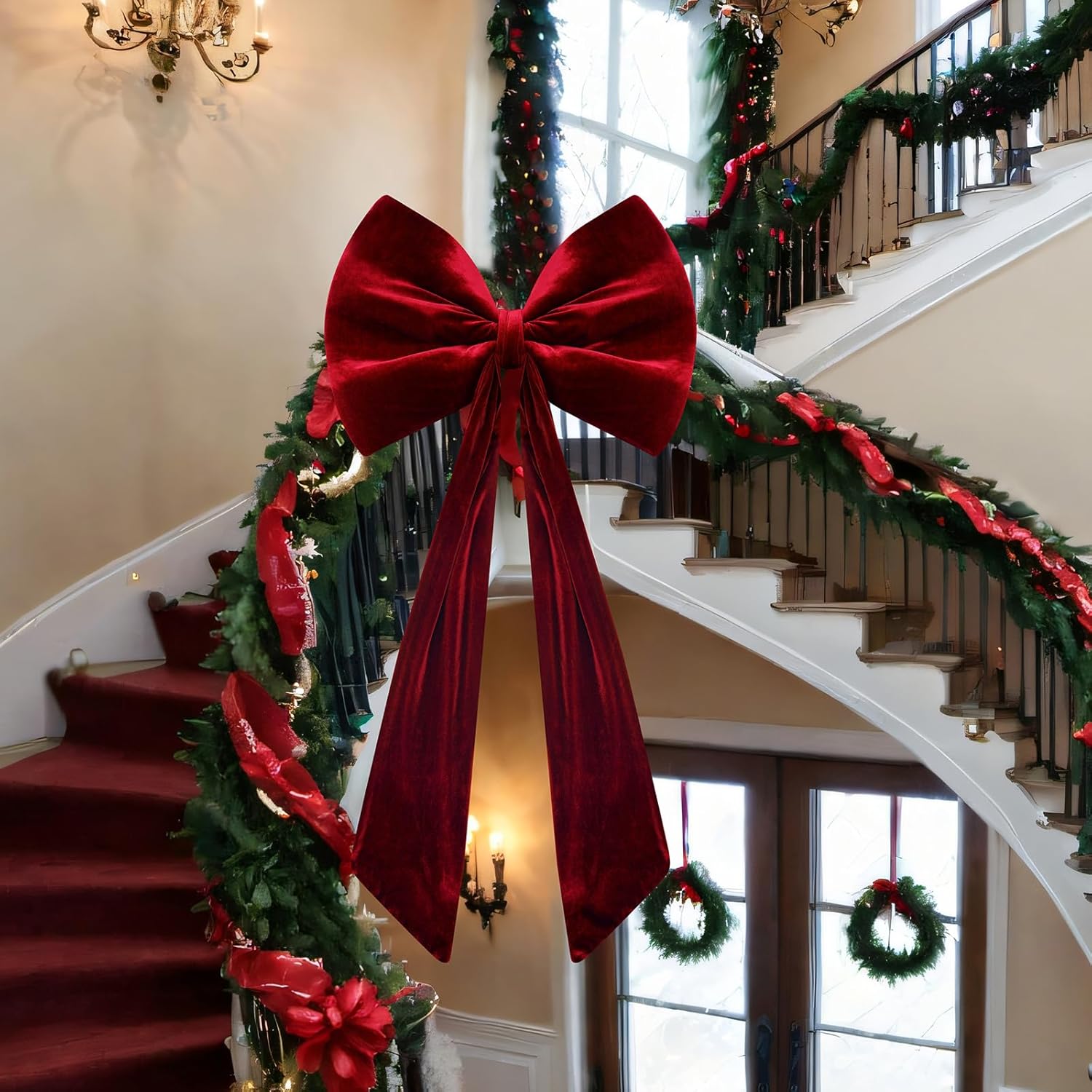 Skiennix 40x18 Inch Large Velvet Red Bow - Stunning 3D Tree Topper & Party Backdrop Decor (Wine Red)