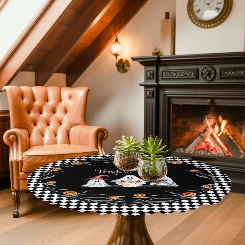 Halloween Fitted Tablecloth for Round Table,Trick Or Treat Quotes Table Cover with Elastic Edge Waterproof Table Cloth,Pumpkin Ghost Face Black White Plaid Table Covers for Kitchen Indoor 45-54in